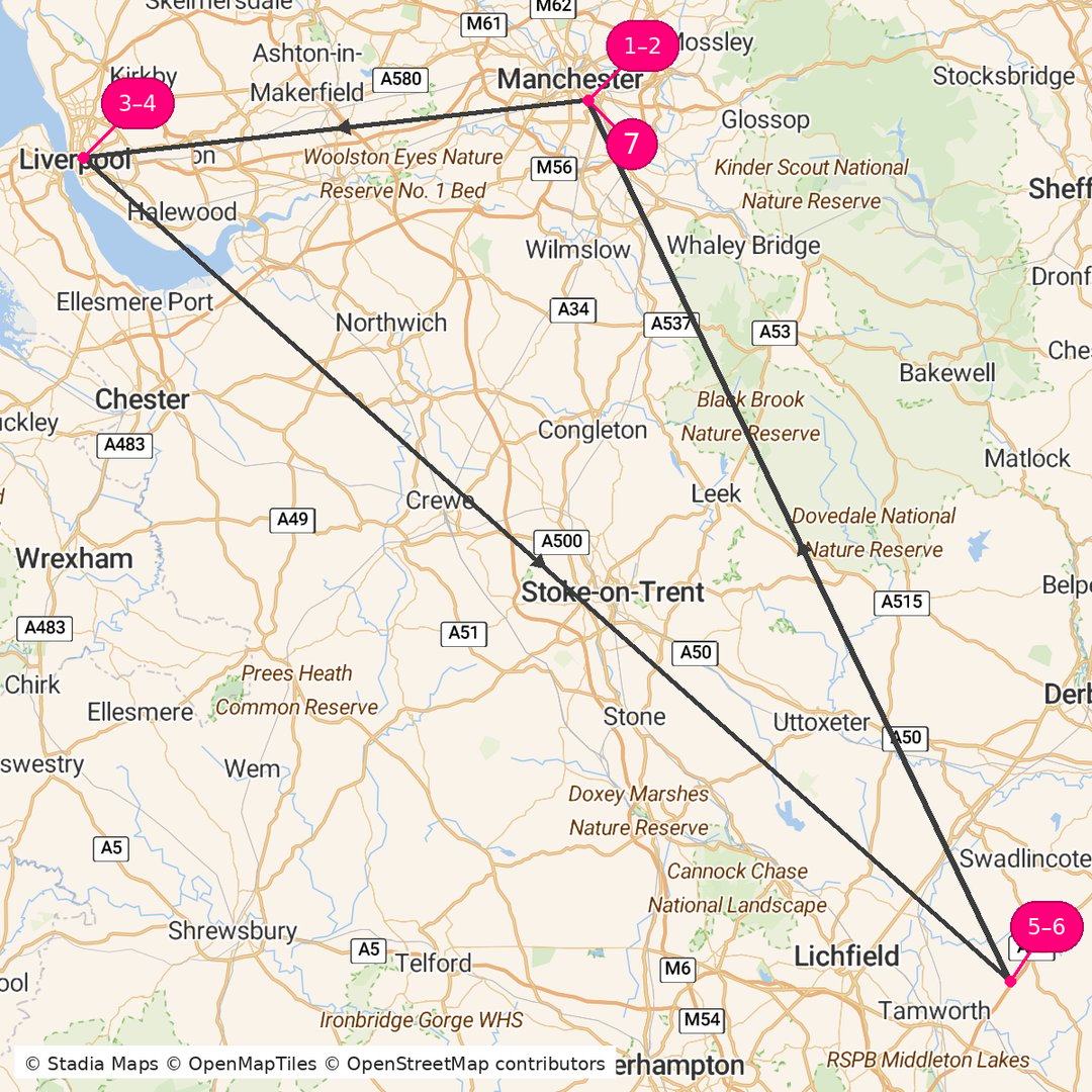 Itinerary route map for Industrial Revolution to Romantic Lakes