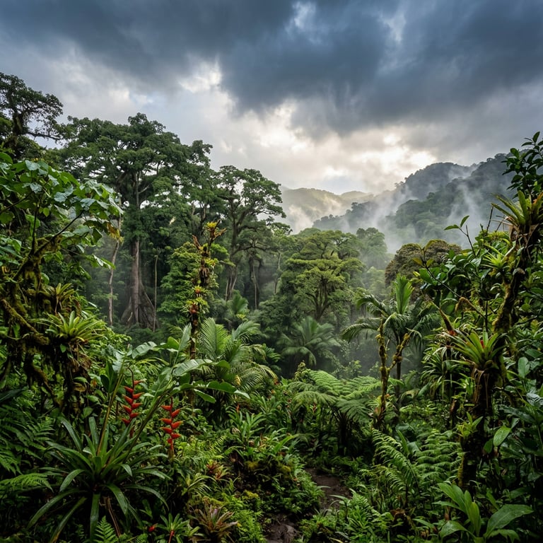 Lush green rainforest and afternoon rain clouds during the green season in Costa Rica