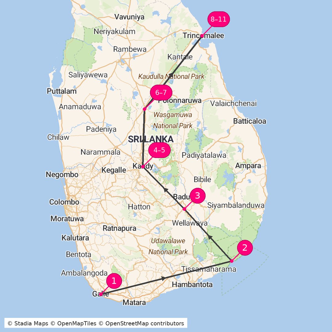 Itinerary route map for Sri Lanka Island Odyssey