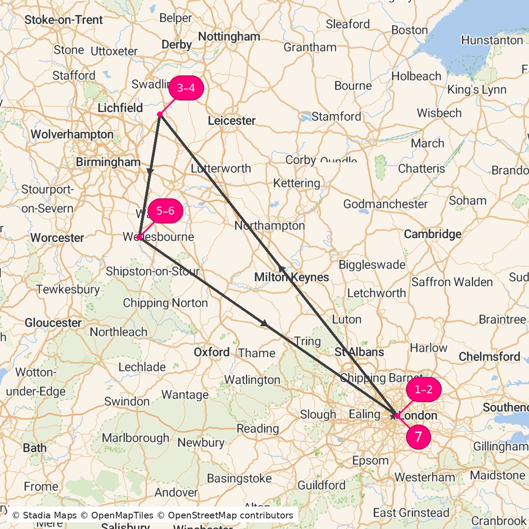 Itinerary route map for Shakespeare & Countryside