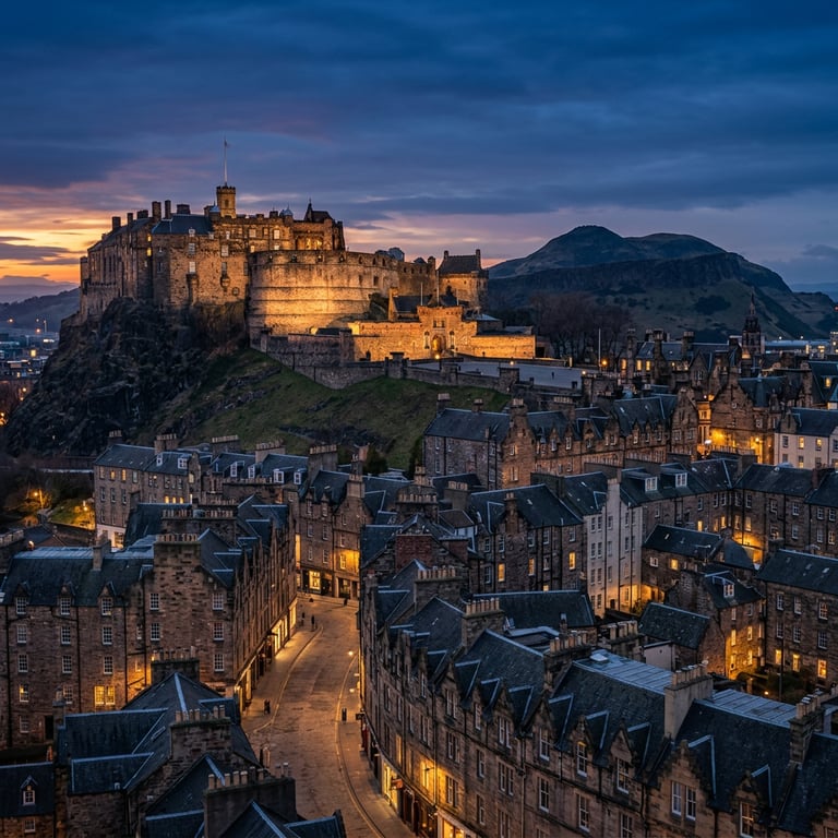 Edinburgh Castle on its volcanic crag above the Royal Mile at dusk with Arthur's Seat and the city rooftops spread below, Edinburgh, Scotland