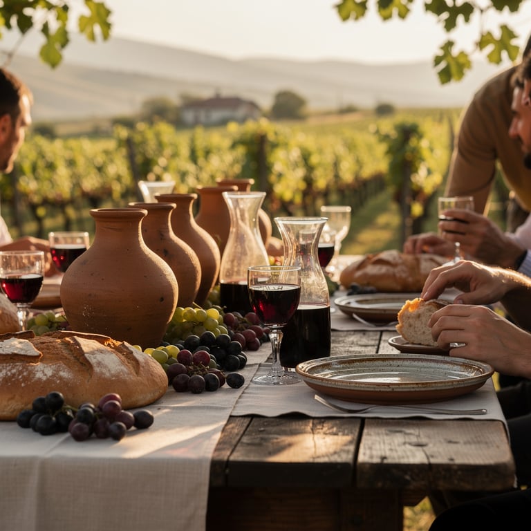 Outdoor Georgian supra feast with wine jugs, bread, and guests raising glasses at a vineyard table in Kakheti, Georgia