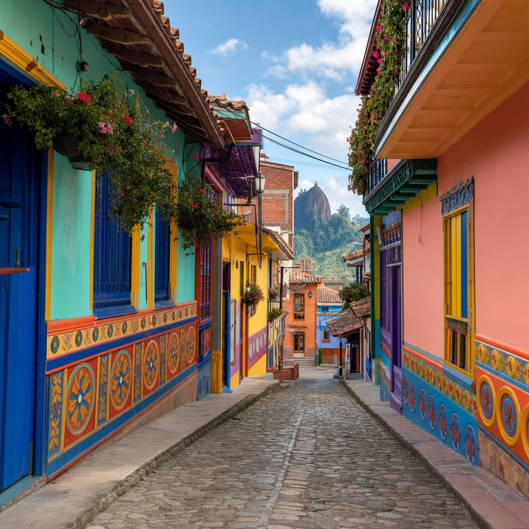 Guatapé town street with the hand-painted polychrome zócalo frescoed panels covering the lower facades of every building, Antioquia Department, Colombia