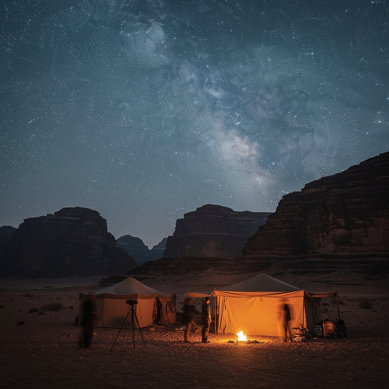 Night sky full of stars above a Bedouin camp in Wadi Rum with glowing tent lights and sandstone cliffs silhouetted, Jordan