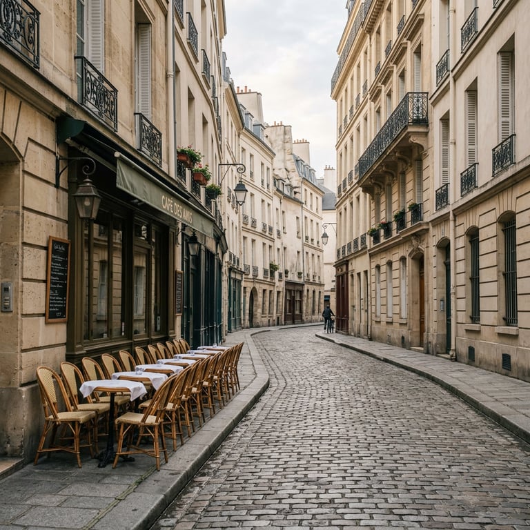 Café terrace chairs on a cobblestone street in Le Marais with Haussmann-era buildings and morning light, Paris, Île-de-France, France