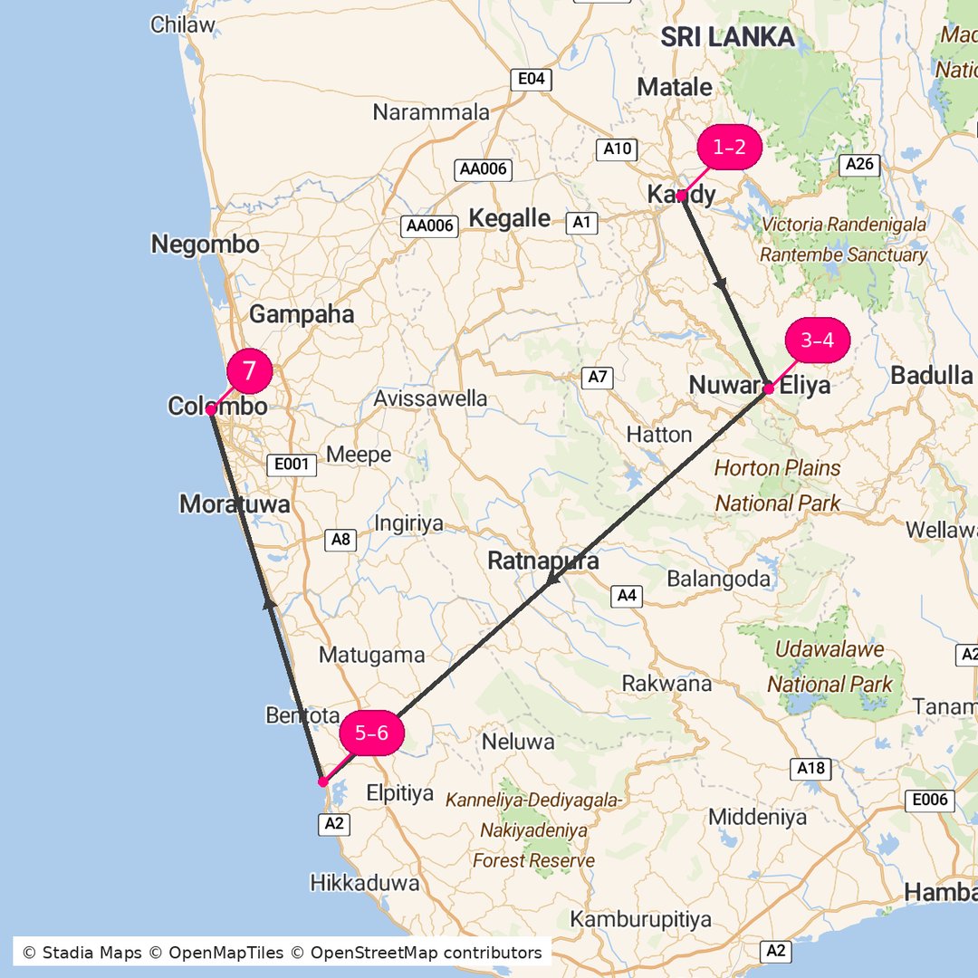 Itinerary route map for Sri Lanka Scenic Escape