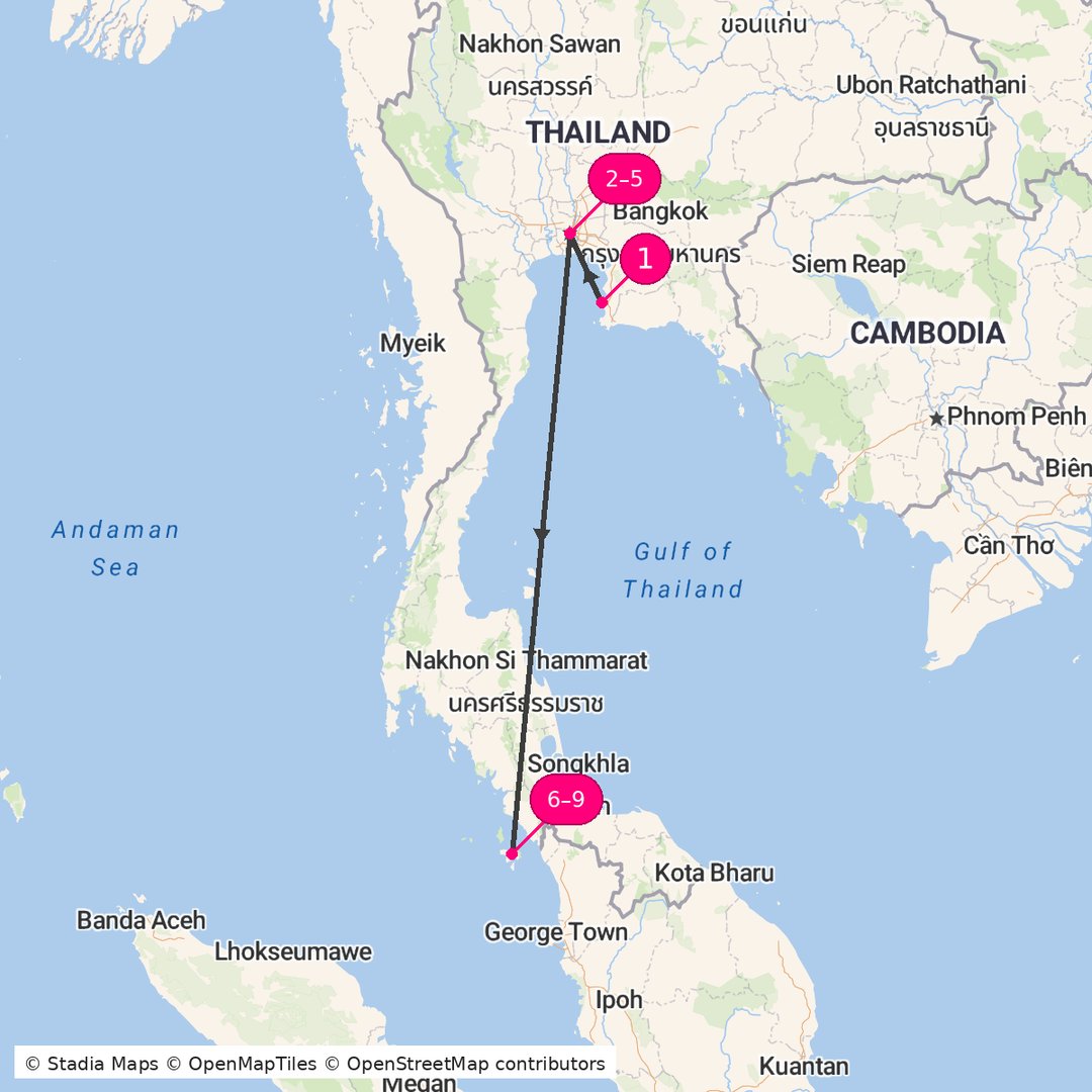 Itinerary route map for Thailand Malaysia Tropical Twin