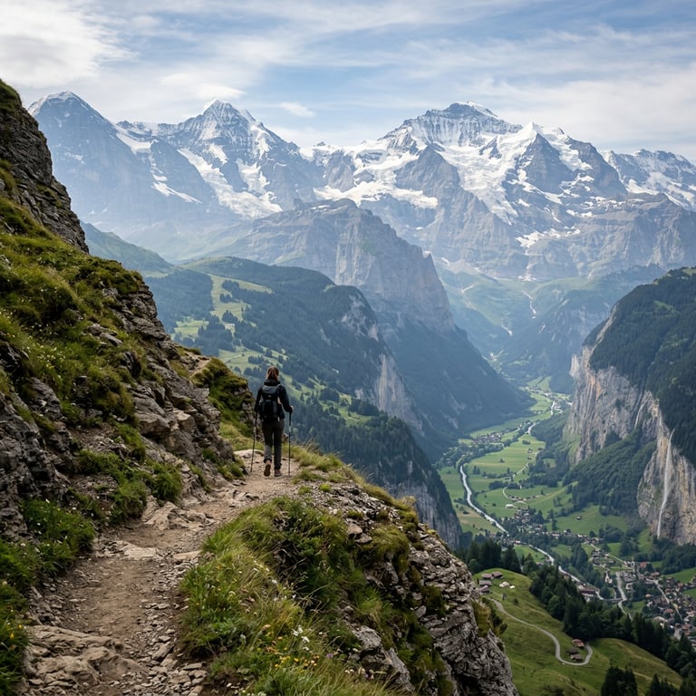 Hiker on the Northface Trail above Lauterbrunnen with a view of the Eiger, Mönch, and Jungfrau peaks and the valley floor far below, Bernese Oberland, Switzerland