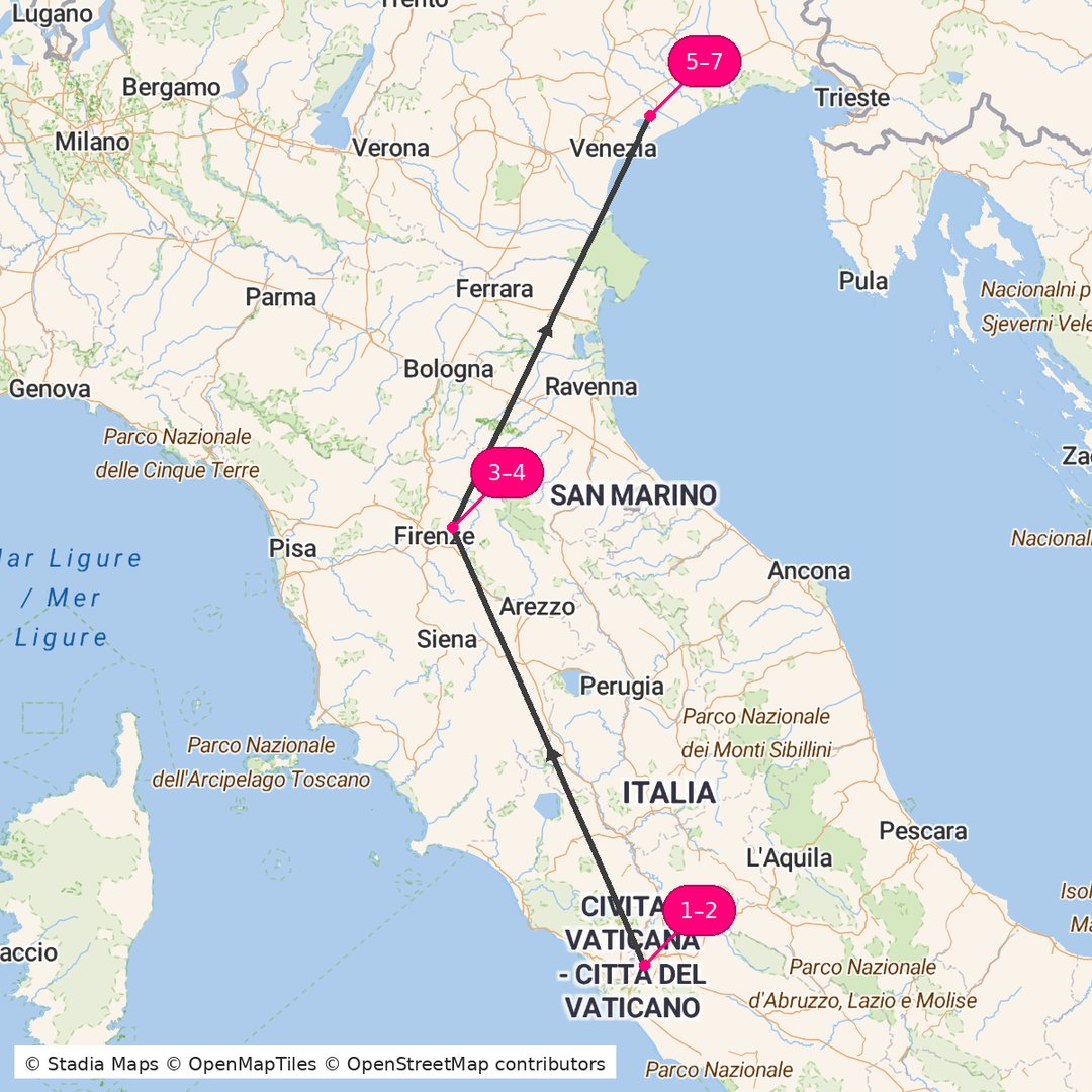Itinerary route map for Classic Italy Grand Tour