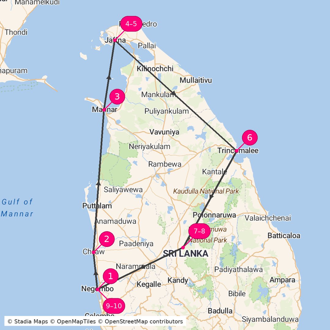 Itinerary route map for Jaffna Heritage Escape