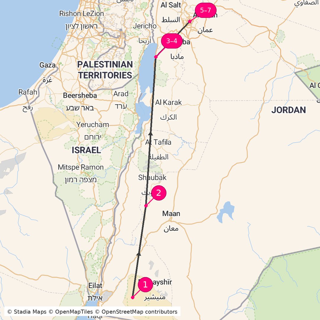 Itinerary route map for Jordan Desert to Capital Journey