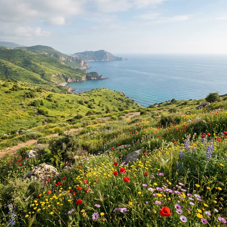 Wildflowers blooming on the hillsides above the Mediterranean coast near Alanya in spring, Türkiye