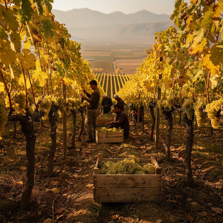 Family harvesting Rkatsiteli grapes in a Kakheti vineyard in October with golden autumn vines and the Alazani Valley behind, Georgia