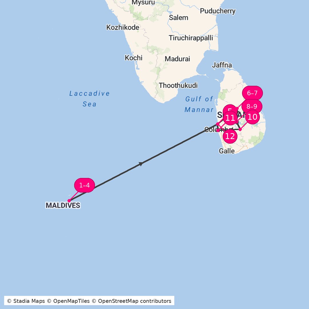 Itinerary route map for Maafushi to Dambulla Escape