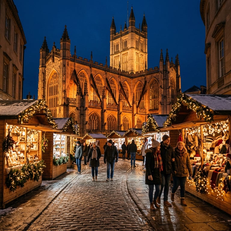 Bath Christmas Market at night with wooden stalls around Bath Abbey illuminated in gold, light snow on the cobblestones, Bath, Somerset, England