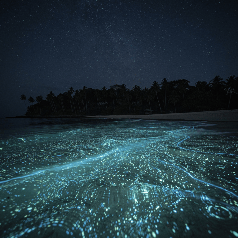 Bioluminescent plankton glowing vivid blue-green in the dark shallow water of a sheltered bay at night, Koh Rong, Cambodia