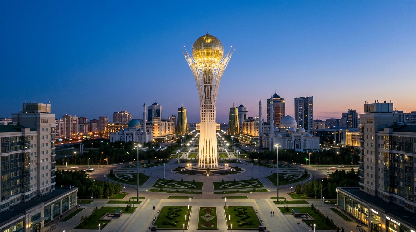 Bayterek Monument tower illuminated at dusk above the Astana city skyline, Kazakhstan