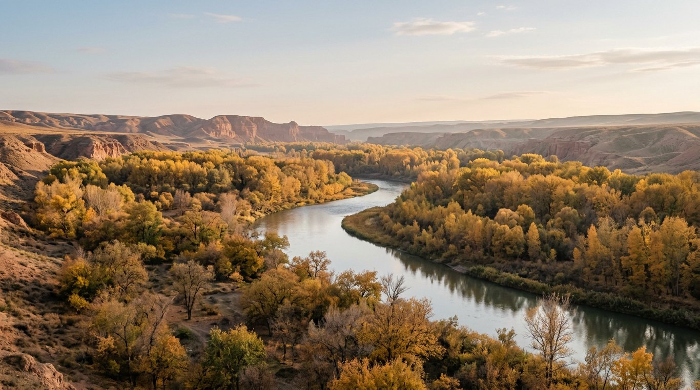 Autumn golden forest and canyon landscape near Charyn River, Almaty Region, Kazakhstan, in October