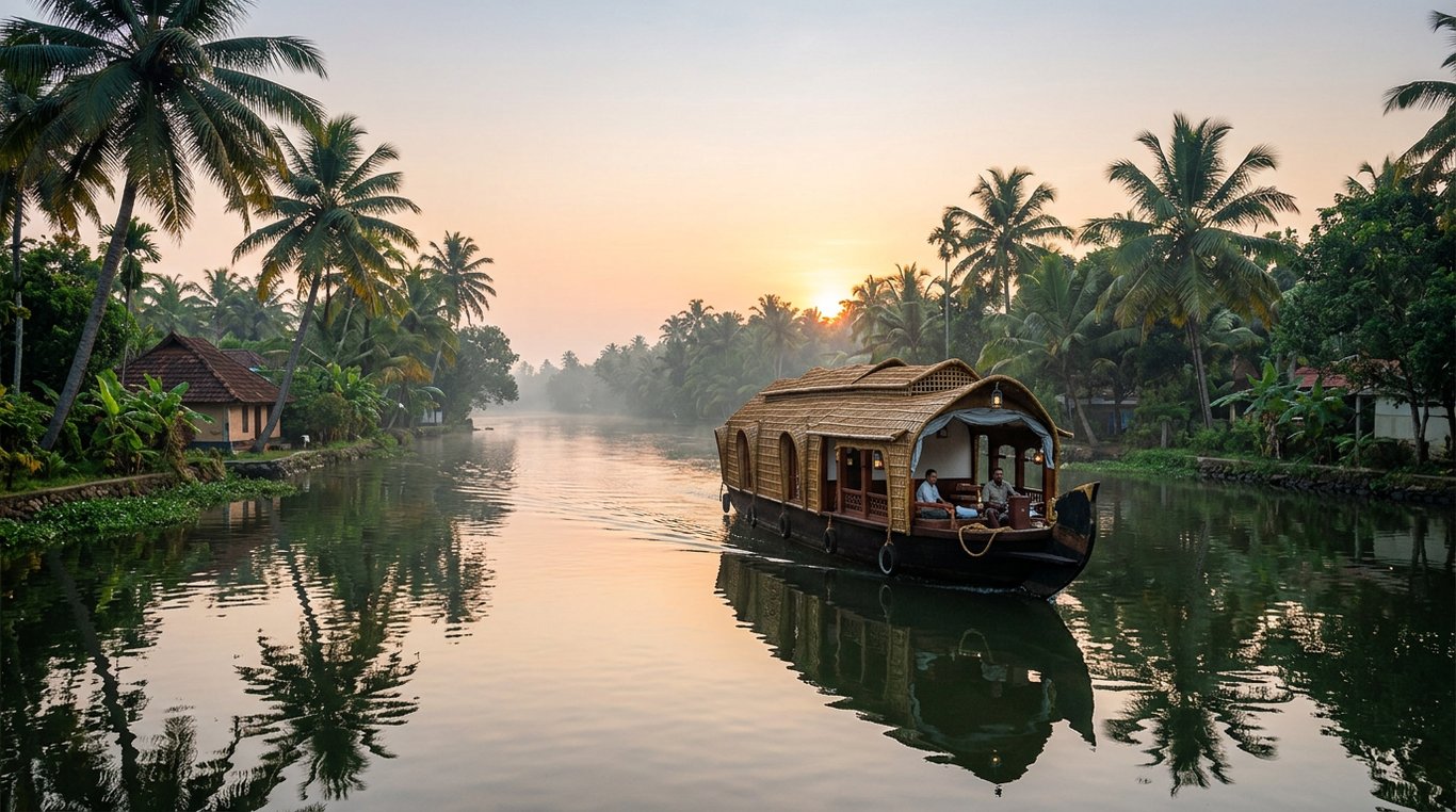 Traditional Kerala houseboat navigating the Alleppey backwater canal network at sunrise, Kerala, India