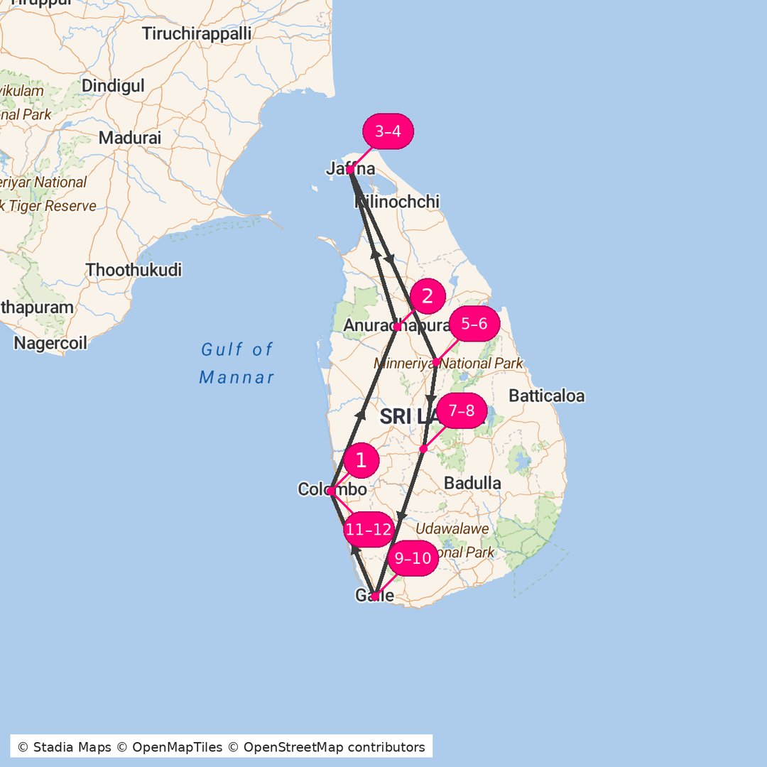Itinerary route map for Sri Lanka Northern Discovery