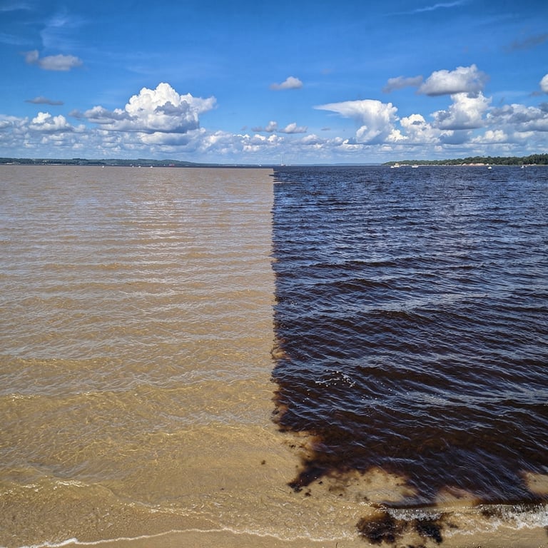 The Meeting of the Waters near Manaus where the dark Rio Negro and sandy Solimões flow side by side without mixing, Amazon, Brazil