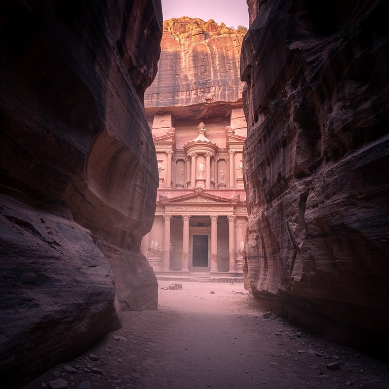 The Treasury of Petra framed by the narrow Siq canyon walls at dawn with warm pink sandstone light, Petra, Ma'an Governorate, Jordan