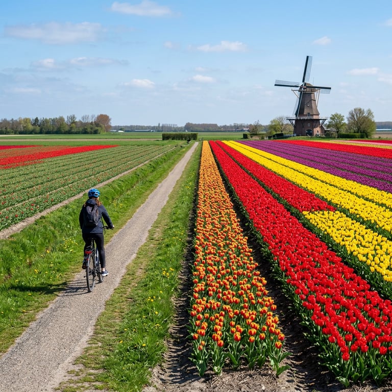 Cyclist on a dyke path through tulip fields in full bloom with a windmill in the background, Bollenstreek, South Holland, Netherlands
