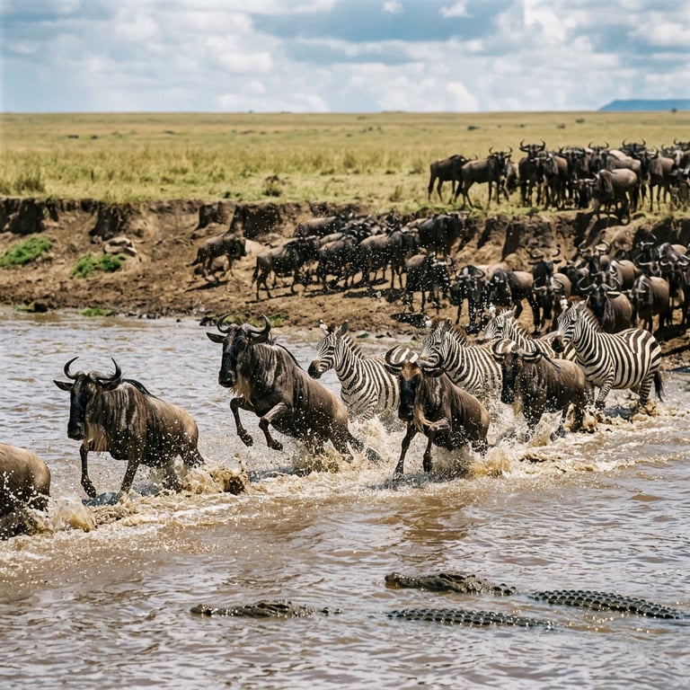 Wildebeest plunging into the Mara River during a crossing in August with crocodiles in the water and the Northern Serengeti plains behind, Serengeti National Park, Tanzania