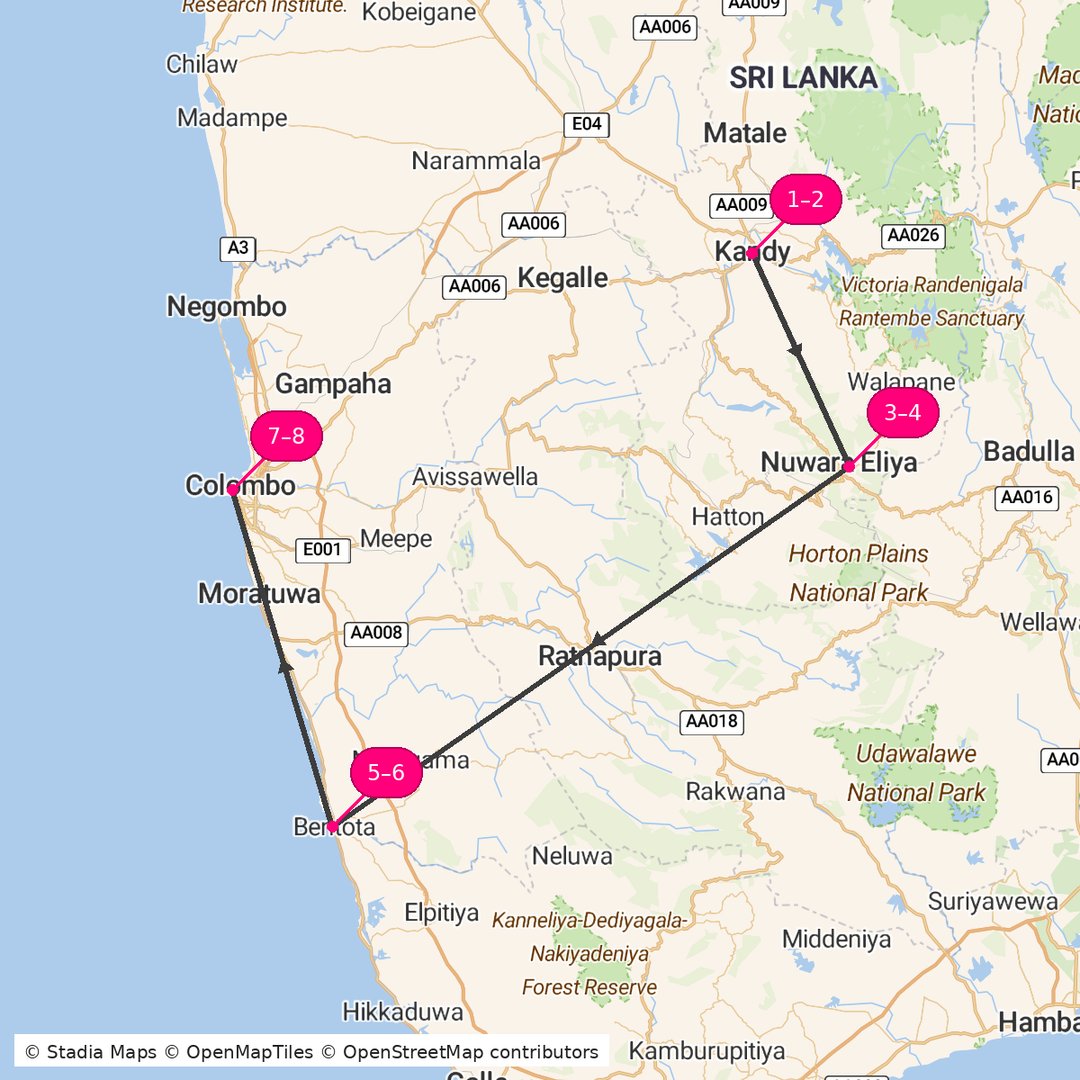 Itinerary route map for Kandy and Colombo Discovery