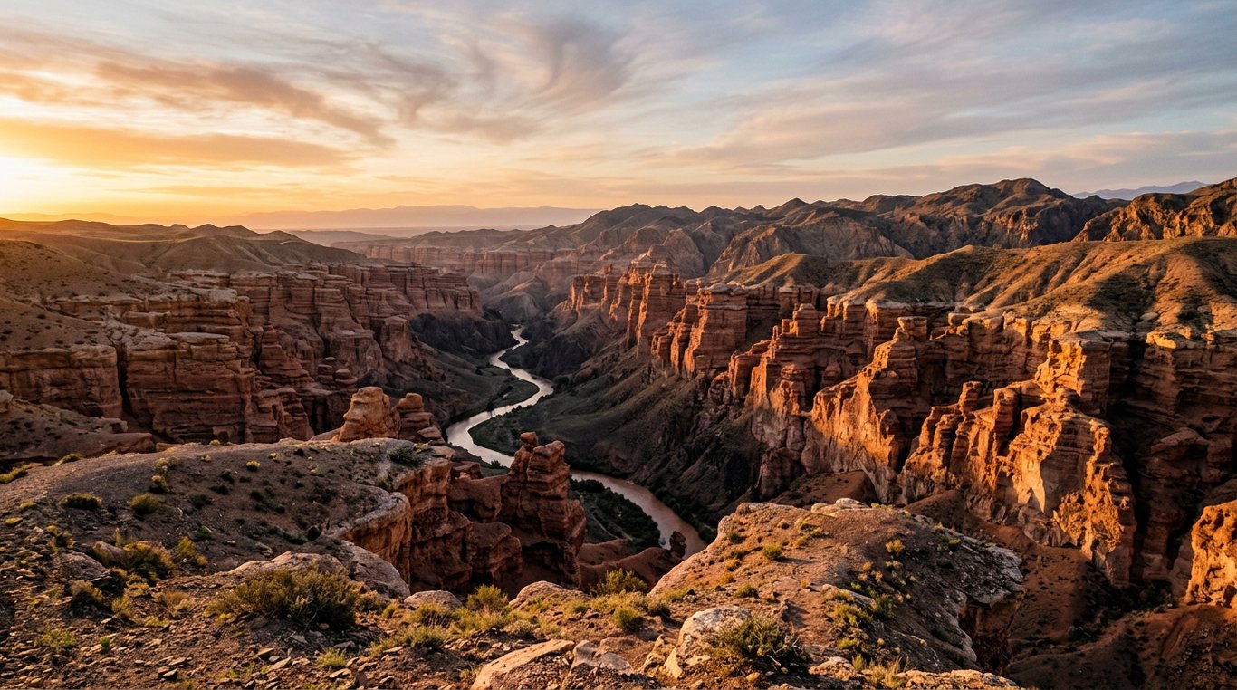 Charyn Canyon rust-red cliffs and river gorge at sunset, Almaty Region, Kazakhstan