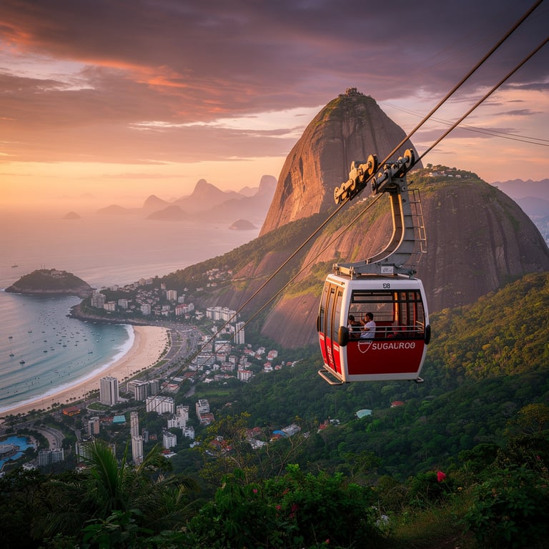 The cable car ascending to Sugarloaf Mountain at sunset over Rio de Janeiro, with Copacabana Beach curving below and Corcovado rising behind the city against an orange sky, Rio de Janeiro, Brazil