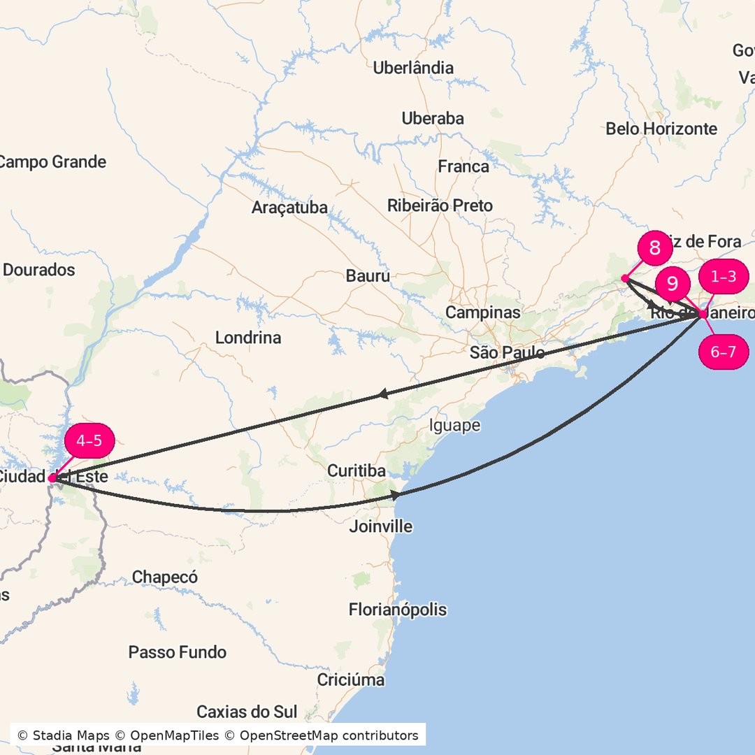 Itinerary route map for Brazil Heritage Nature Escape