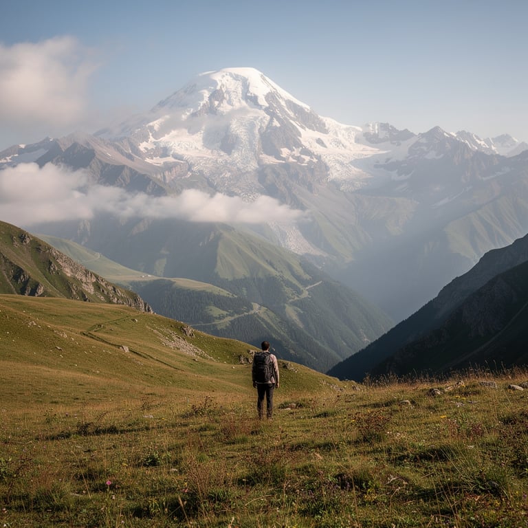 Hiker on an open alpine meadow above Stepantsminda with the Greater Caucasus range and Mount Kazbek visible behind, Kazbegi, Georgia