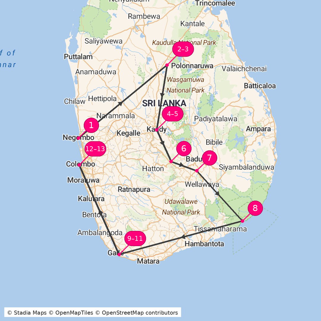 Itinerary route map for Sri Lanka Wonder Trail