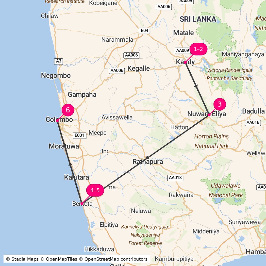 Itinerary route map for Kandy and Coast Journey