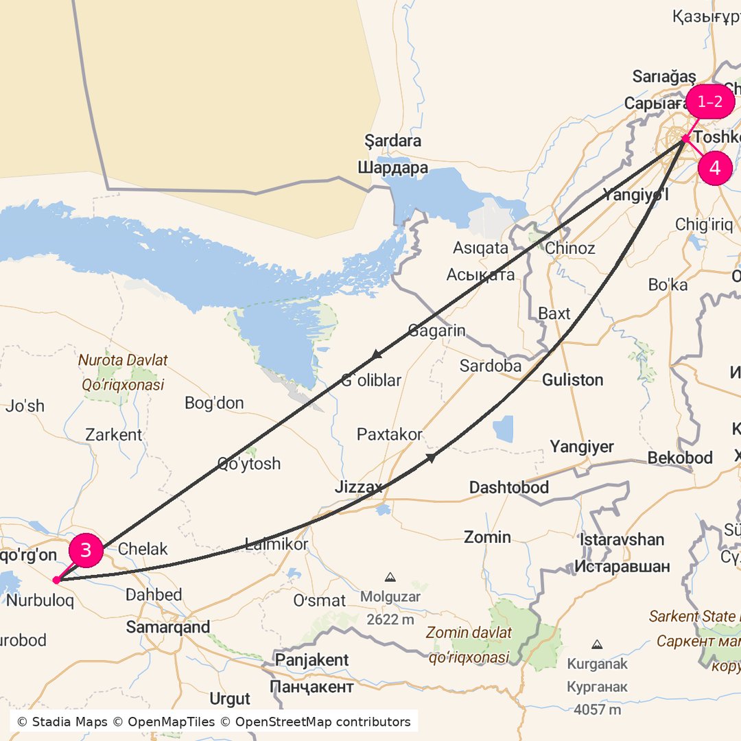 Itinerary route map for Golden Silk Cities Tour