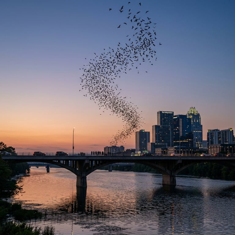 Congress Avenue Bridge at dusk with a column of Mexican free-tailed bats emerging above the Colorado River and the Austin skyline behind, Austin, Texas