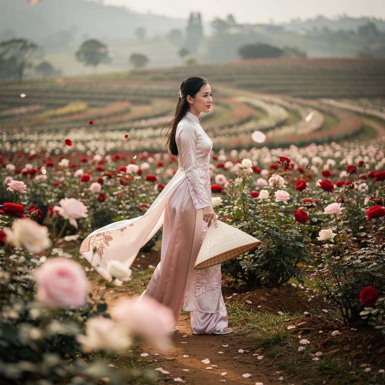 Woman in traditional ao dai walking through a rose flower farm in the Central Highlands, Dalat, Lam Dong Province, Vietnam