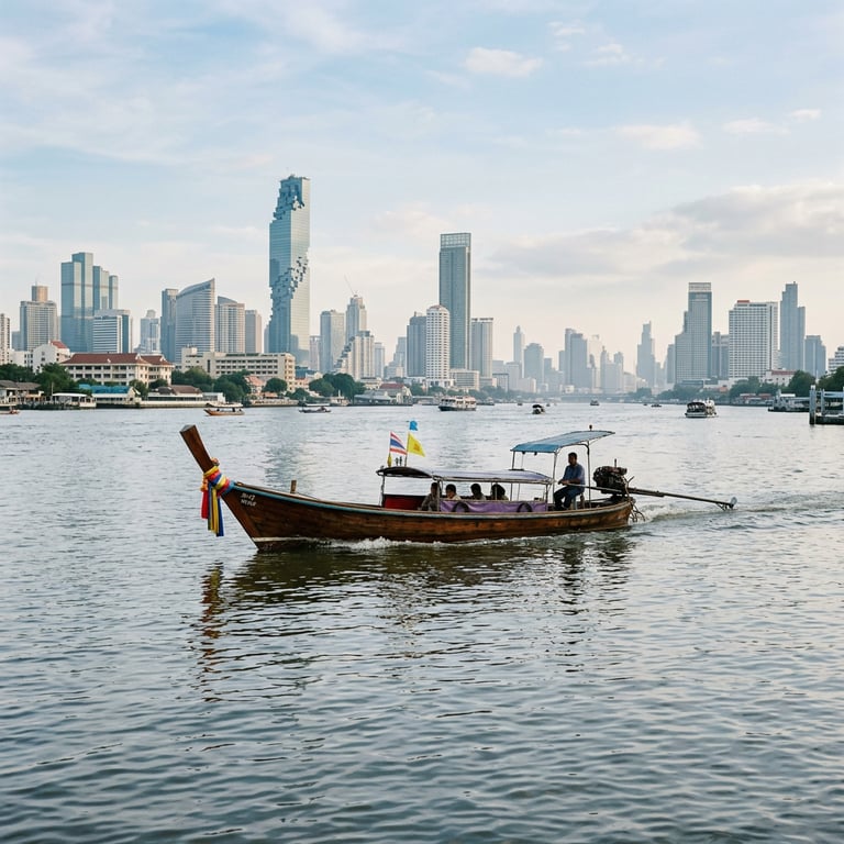 Traditional longtail boat on the Chao Phraya River with Bangkok cityscape in the background, Thailand