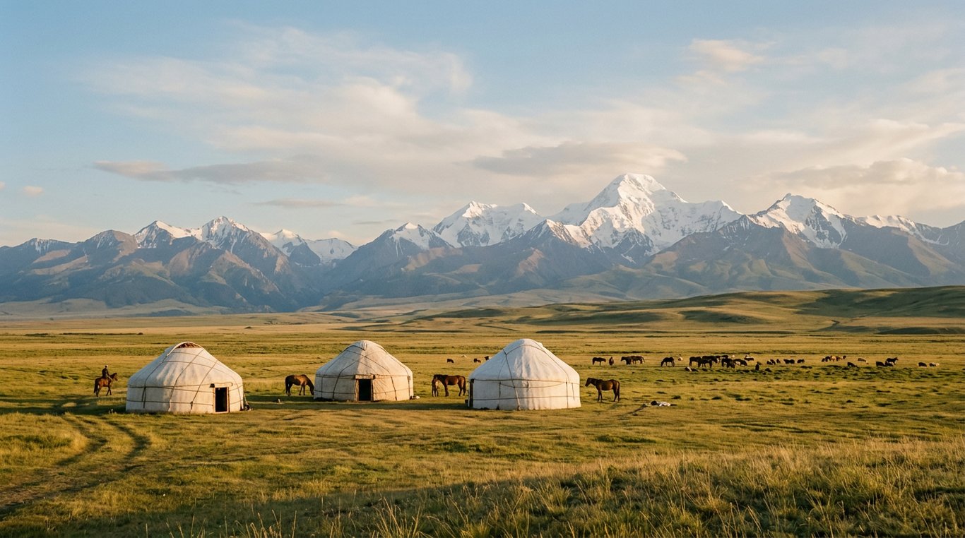 Traditional yurt camp on the open steppe below the Tien Shan mountains, Kazakhstan