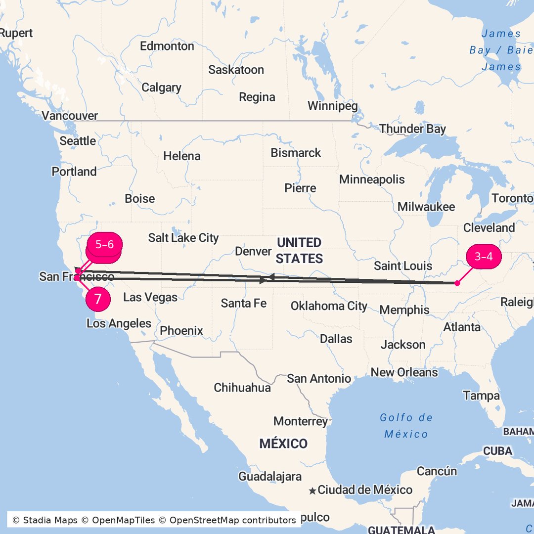Itinerary route map for Golden Gate to Vineyards