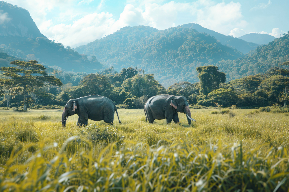 Pair of African elephants in the dense montane forest of Aberdare National Park, Kenya
