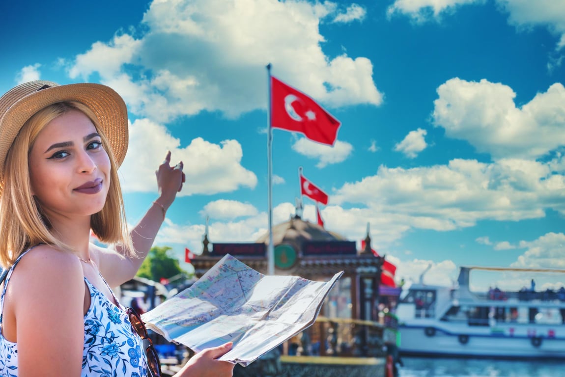 Tourist sightseeing by boats and Turkish flags in Istanbul.