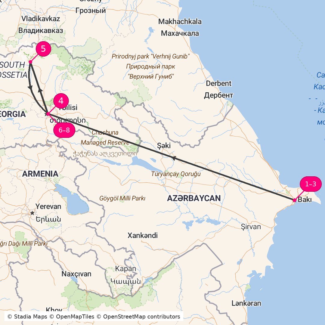 Itinerary route map for Baku and Georgia Explorer