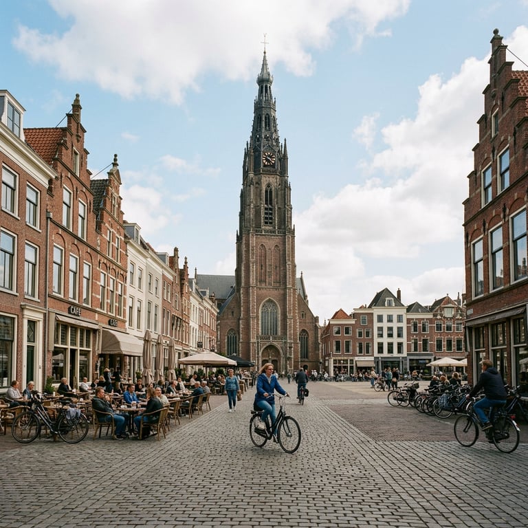 Nieuwe Kerk tower rising above Delft's Markt Square with café terraces and cyclists in the foreground, Delft, South Holland, Netherlands