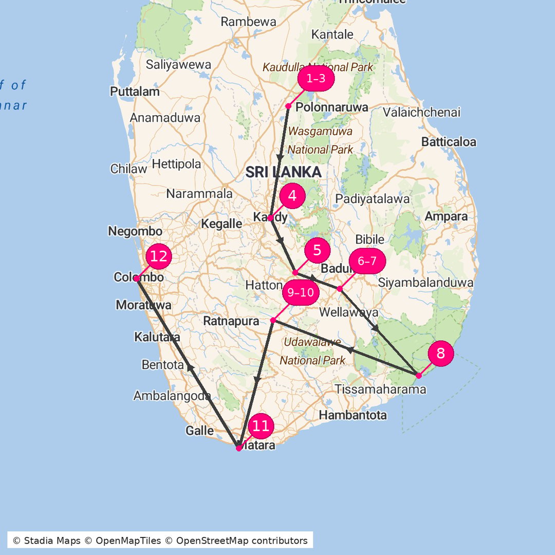 Itinerary route map for Sri Lanka Serenity Adventure