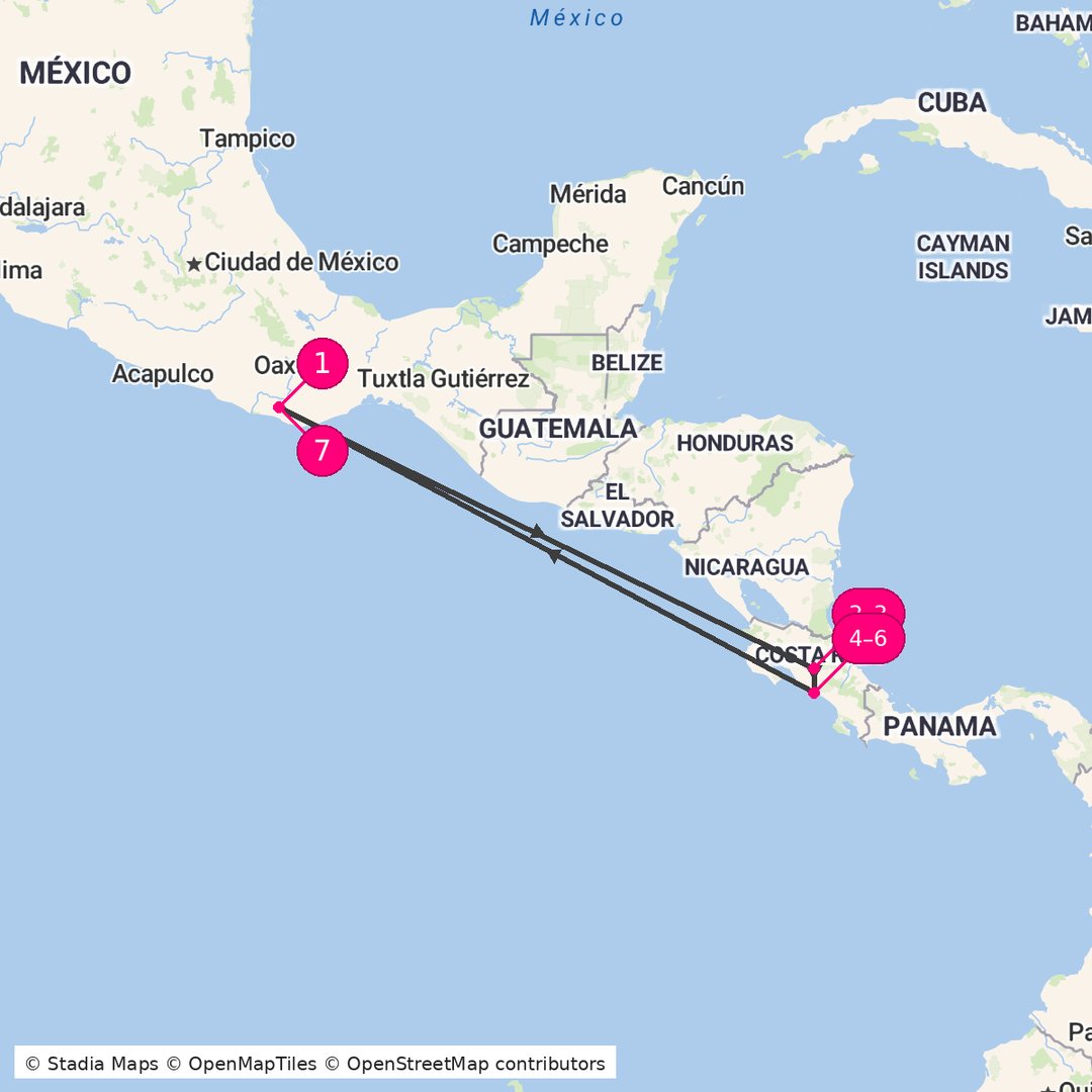 Itinerary route map for Costa Rica Adventure Escape