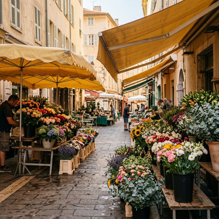Cours Saleya flower market in Nice old town with vendors arranging cut flowers under yellow awnings in the morning, Nice, Alpes-Maritimes, France