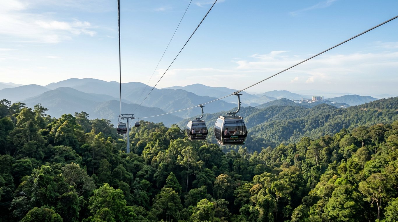Genting Highlands cable car above the tropical jungle canopy on a clear morning, Pahang, Malaysia, in April