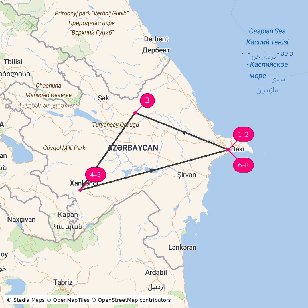 Itinerary route map for Baku Karabakh Discovery